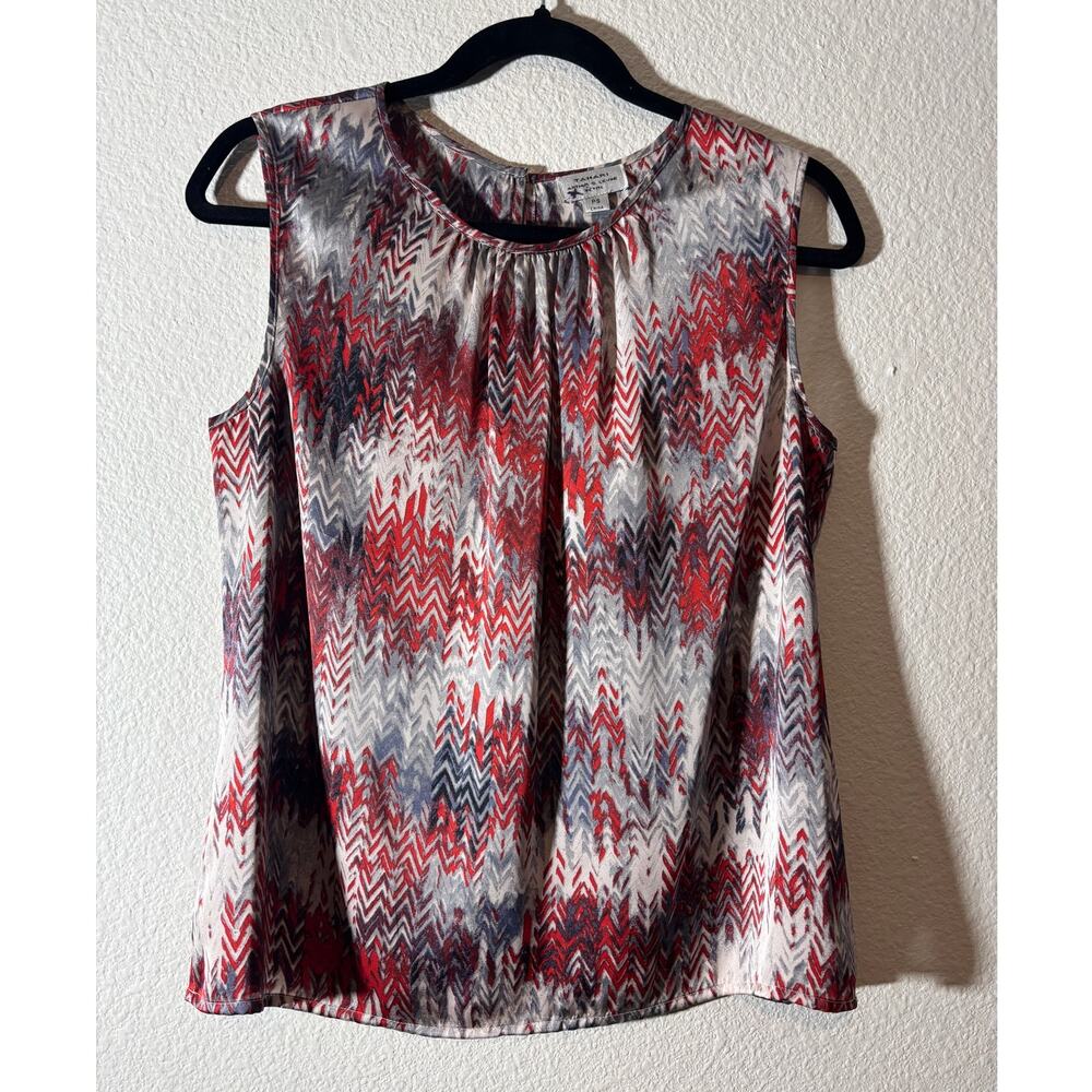 Tahari Size Petite S Red Gray Abstract Chevron Sleeveless Keyhole-Back Blouse